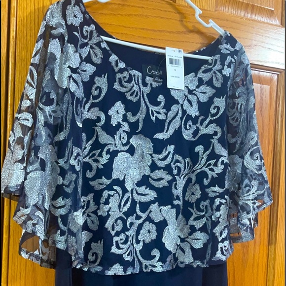 Formal Dress Plus Sz 14 14W 16W 18W 20W Connected Navy Maxi Floral Overlay Cape - Picture 5 of 8